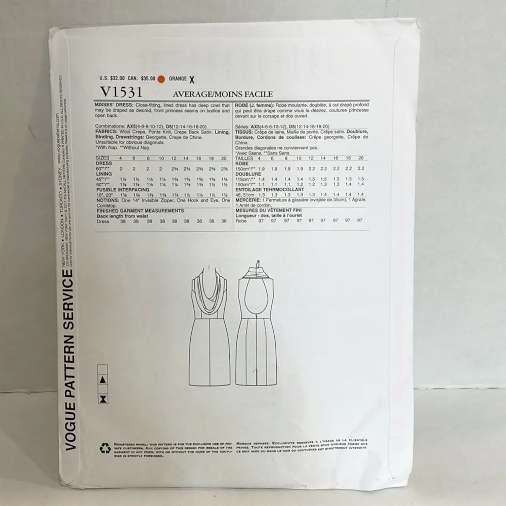 Vogue Sewing Pattern V1531‎ Lialia Julia Alarcon Women Dress NEW Sz AX5